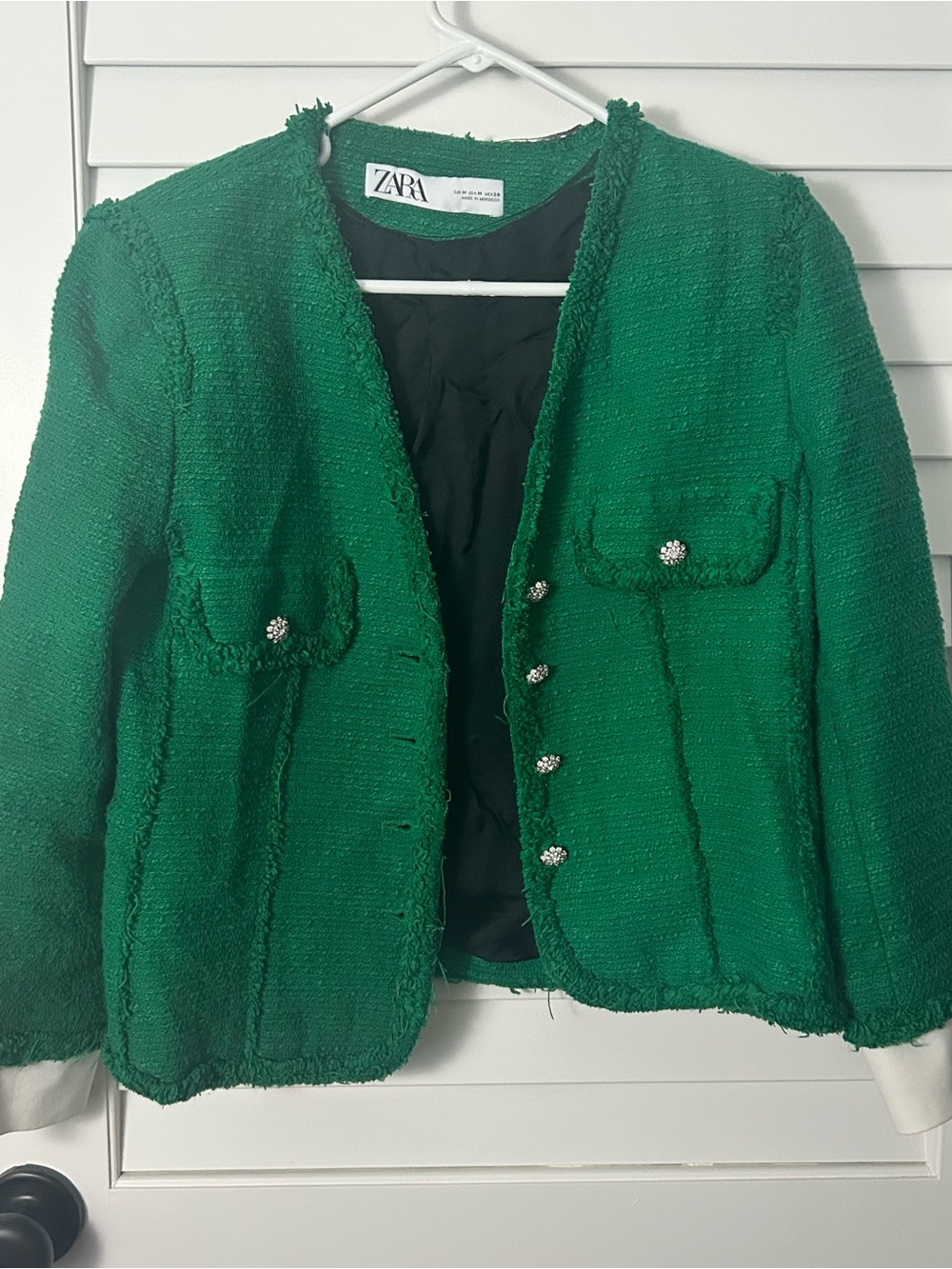 Zara Green Tweed Jacket Size Medium Textured Fringe Embellished Buttons